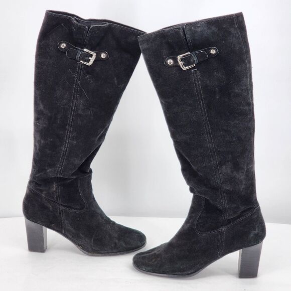 Michael Kors Buckle Suede Leather Black Tall Heeled Boots Size 10 - Picture 4 of 14